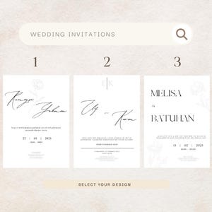 Puede incluir: Dise&ntilde;os de invitaciones de boda con dise&ntilde;os minimalistas. Las invitaciones presentan una elegante caligraf&iacute;a, detalles florales y detalles del evento. El texto "WEDDING INVITATIONS" est&aacute; en la parte superior. "SELECT YOUR DESIGN" en la parte inferior.
