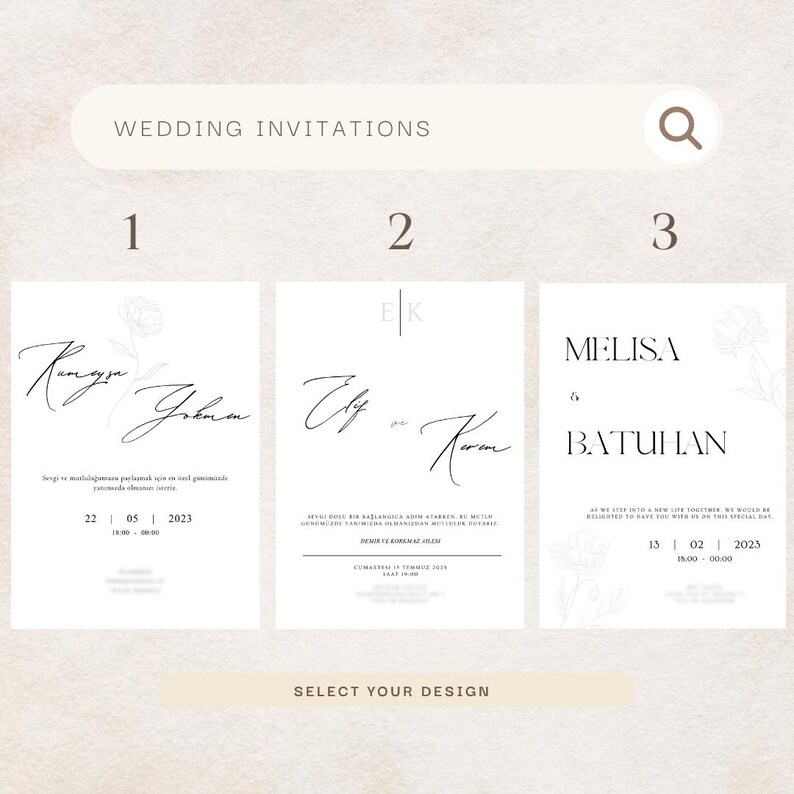 Puede incluir: Dise&ntilde;os de invitaciones de boda con dise&ntilde;os minimalistas. Las invitaciones presentan una elegante caligraf&iacute;a, detalles florales y detalles del evento. El texto "WEDDING INVITATIONS" est&aacute; en la parte superior. "SELECT YOUR DESIGN" en la parte inferior.