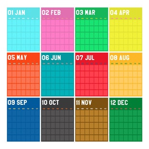 Könnte beinhalten: Ein farbenfroher Kalender mit einem Rasterlayout für jeden Monat des Jahres. Die Monate sind mit dem Monat und der Nummer beschriftet, zum Beispiel "01 JAN" für Januar. Der Kalender ist im Retro-Stil mit leuchtenden Farben und fettem Text gestaltet.