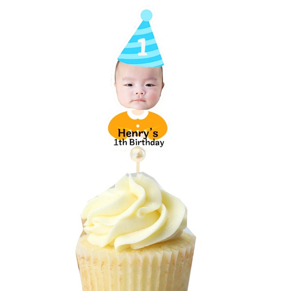 Mini party hats with kids face cupcake topper for birthday party face photo cupcake topper personalized cupcake topper with party hats, 대두