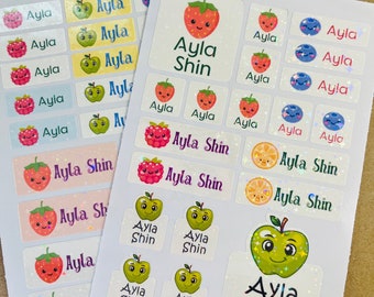 Holographic Fruit Name Stickers, Waterproof Labels for Kids, Kawaii Apple Strawberry Designs