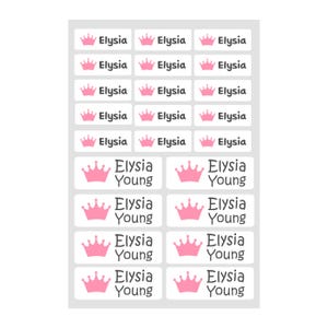 Princess Name Stickers Pink Crown Kid Name Labels for School supply Girls Daycare Name Stickers - Waterproof Dishwasher Safe