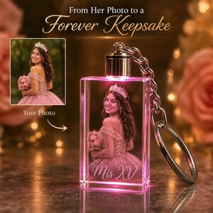 Porte-clés photo personnalisé pour Quinceañera, porte-clés LED 3D en cristal personnalisé, cadeau pour les 15 ans de votre fille, souvenir de sa quinceañera.