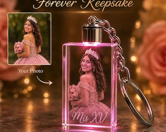 Personalized Quinceanera Photo Keychain, Custom 3D Crystal LED Keychain, Girl Photo Frame Crystal, Sweet 15 Gift, LED Picture Keychain