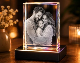 Personalized 3D Crystal Photo Gift with LED Light Base, Custom Engraved Picture Crystal, Family Keepsake, Anniversary Gift for Her or Him
