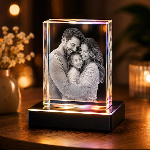 Personalized 3D Crystal Photo Gift with LED Light Base, Custom Engraved Picture Crystal, Family Keepsake, Anniversary Gift for Her or Him
