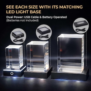 May include: Three clear rectangular glass blocks displayed on black LED light bases. Text reads: SEE EACH SIZE WITH ITS MATCHING LED LIGHT BASE. Dual Power: USB Cable & Battery Operated. Each base includes a power button and a black USB cable.