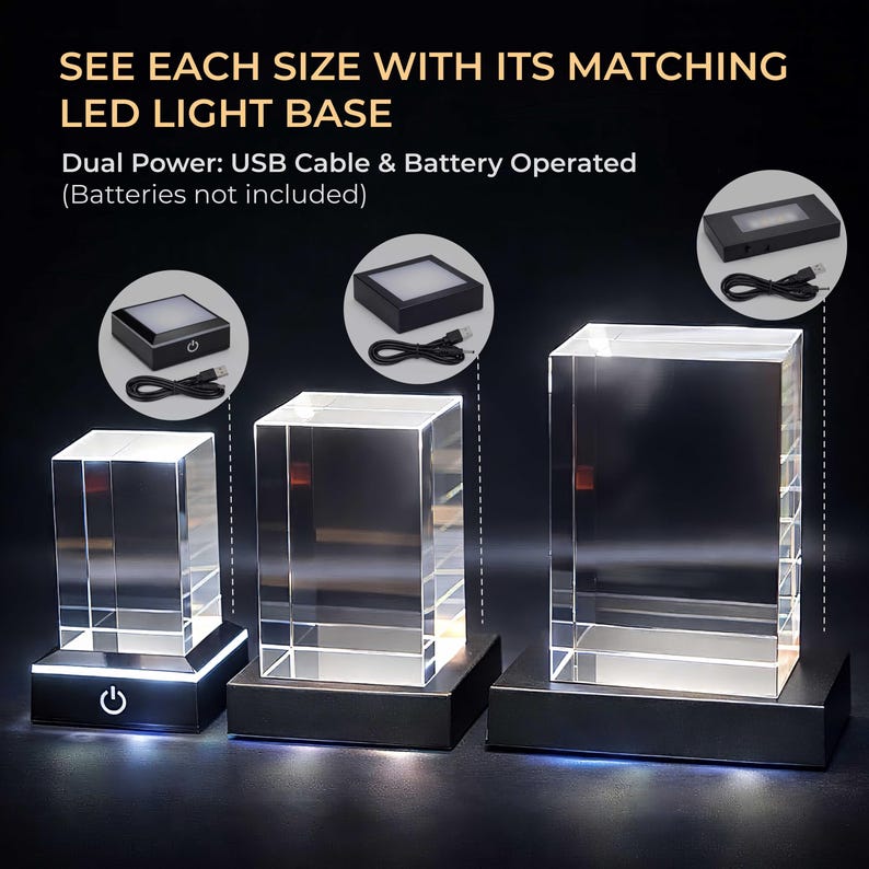 May include: Three clear rectangular glass blocks displayed on black LED light bases. Text reads: SEE EACH SIZE WITH ITS MATCHING LED LIGHT BASE. Dual Power: USB Cable & Battery Operated. Each base includes a power button and a black USB cable.