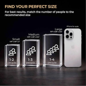 May include: Three clear rectangular glass blocks labeled Small, Medium, and Large with corresponding dimensions in inches. Each block features a white icon of people and text indicating capacity for 1-2, 1-3, or 1-4 people. An iPhone is shown for scale.
