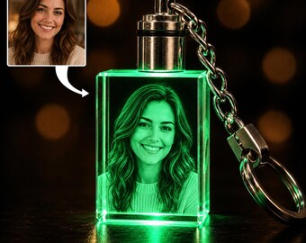 Personalized Photo Crystal Keychain with LED Light, Custom 3D Engraved Picture Keyring, Gift for Couples Family Pets or Friends