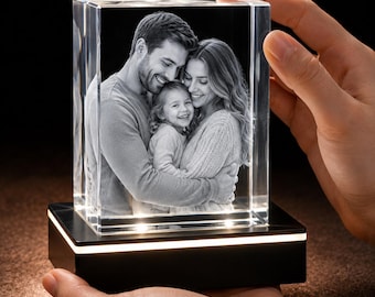 Personalized 3D Crystal Photo, Custom Engraved Picture in Glass, Laser Etched Crystal Keepsake whit Free LED Base. Gift for her, him, mom.