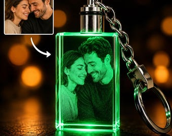 Custom LED Photo Keychain, Personalized Crystal Picture Key Ring, Laser Etched Mini Photo Keepsake Gift for Couples, Family or Pets