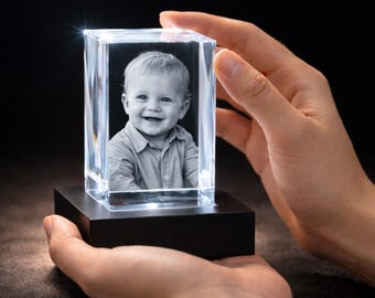 Custom Baby Photo Crystal with LED Light Base, Personalized 3D Newborn Portrait Keepsake, Baby Gift for Parents or Grandparents