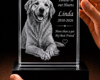 Custom 3D Pet Portrait Crystal, Engraved Dog Remembrance Gift with Photo, Personalized Loss of Dog Memorial, Pet Sympathy Keepsake