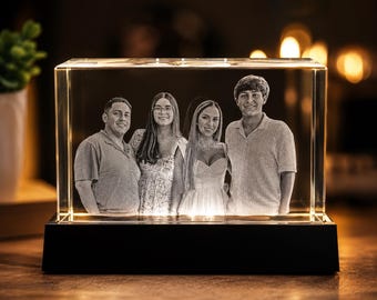 Personalized Family Photo Crystal with LED Base, Custom 3D Engraved Picture Keepsake, Gift for Parents Grandparents or Couples