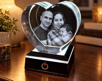 Personalized Heart Crystal with Photo, Custom 3D Crystal Photo Gift with LED Base, Memorial or Anniversary Gift for Her