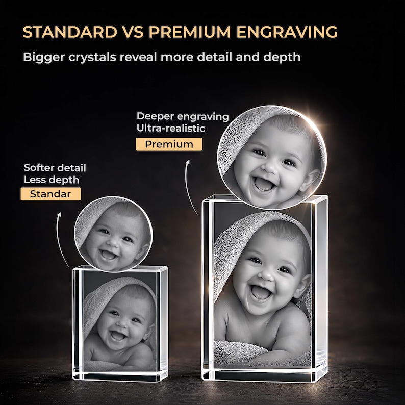 May include: Two rectangular glass blocks featuring laser-engraved portraits of a smiling baby wrapped in a towel. Text reads: STANDARD VS PREMIUM ENGRAVING, Bigger crystals reveal more detail and depth, Deeper engraving Ultra-realistic Premium, Softer detail Less depth Standar.