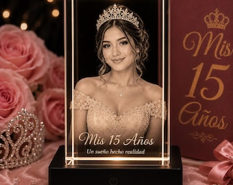 Quinceanera Photo Crystal Plaque, Custom Laser Etched Girl Portrait, Personalized Mis 15 Años Gift, Sweet Fifteen Keepsake for Daughter
