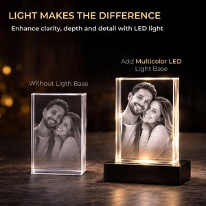 May include: Two rectangular glass blocks featuring a laser-etched portrait of a couple. The left block is unlit, while the right block sits on a black rectangular LED light base, illuminating the portrait with a warm glow. Text reads: LIGHT MAKES THE DIFFERENCE.