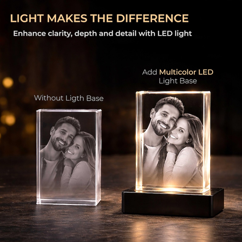 May include: Two rectangular glass blocks featuring a laser-etched portrait of a couple. The left block is unlit, while the right block sits on a black rectangular LED light base, illuminating the portrait with a warm glow. Text reads: LIGHT MAKES THE DIFFERENCE.