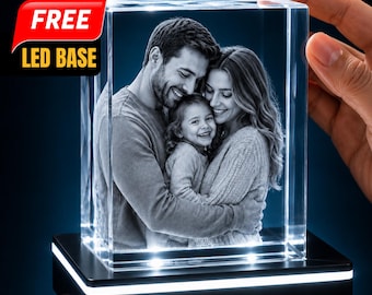 Custom 3D Crystal Photo with LED Light Base, Personalized Family Portrait Keepsake, Unique Anniversary Gift for Mom Dad or Grandma