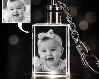 Personalized Baby Picture Keychain, Custom Light Up Crystal Photo Key Ring, Laser Engraved Newborn Memory Gift for Parents