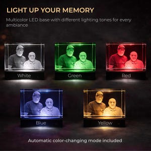 May include: Five rectangular glass blocks featuring a 3D laser-etched portrait of two people, each resting on a square LED base. The text reads LIGHT UP YOUR MEMORY, Multicolor LED base with different lighting tones, White, Green, Red, Blue, Yellow, and Automatic color-changing mode included.