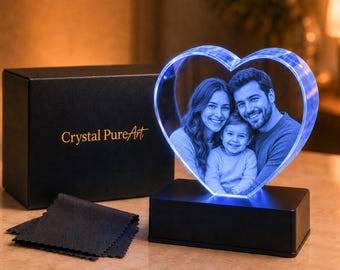 Personalized Heart Crystal Photo, Custom 3D Photo Engraving, Heart Shaped Crystal Gift with LED Base, Anniversary Memorial Gift