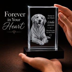 May include: A rectangular clear glass block memorial featuring a laser-etched portrait of a golden retriever. The text reads: Forever in our Hearts, Linda, 2010-2026, More than a pet, My Best Friend. The glass block sits on a solid black rectangular base.