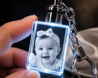 Custom Baby Photo Crystal Keychain, Personalized LED Picture Keychain, Photo Crystal LED Keychain – Laser Etched Personalized Keepsake Gift
