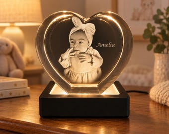 Personalized Baby Photo Crystal Heart with LED Base, Custom 3D Picture Engraving, New Mom Gift, Baby Shower Keepsake