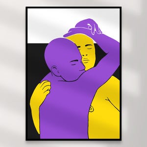 May include: A framed art print with an abstract illustration of two figures in an embrace. One figure is purple, the other is yellow. The background is divided into black, white, and gray sections. The artwork is a modern, minimalist design.