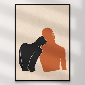 Impression d'art couple gay | Art mural queer en téléchargement numérique - Murphy orange noir beige, décoration d'intérieur LGBTQ+, illustration intime, cadeau d'impression