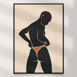 Impression d'art gay masculin | Art mural queer en téléchargement numérique – Steve noir orange beige, décoration d'intérieur LGBTQ+, illustration intime, cadeau imprimable