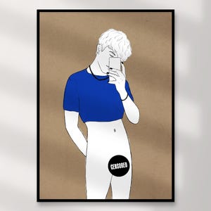 May include: Black and white illustration of a person in a blue crop top taking a selfie. The artwork has a brown background. A black circle with the word "CENSORED" covers the lower body. The artwork is framed in a black frame.