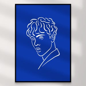 Impression d'art portrait masculin | Art mural queer en téléchargement numérique – Lineart bleu blanc max, décoration d'intérieur LGBTQ +, illustration gay, cadeau imprimable