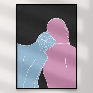 Schwules Paar Kunstdruck | Queere Wandkunst zum Download – Vincent Pink Blau, LGBTQ+ Deko, Intime Illustration, Geschenk zum Ausdrucken