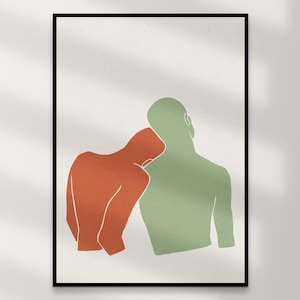 Impression d'art couple gay | Art mural queer en téléchargement numérique – Murphy vert orange, décoration d'intérieur LGBTQ+, illustration intime, cadeau imprimable