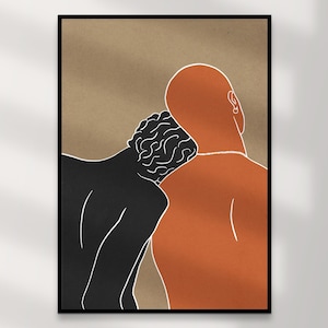 Stampa artistica di coppia gay / Download digitale di arte murale queer - Vincent Orange Black Beige, arredamento LGBTQ+ per la casa, illustrazione intima, regalo di stampa