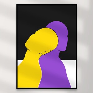 Könnte beinhalten: Ein gerahmter Kunstdruck mit einer minimalistischen Illustration von zwei Figuren. Eine Figur ist gelb, die andere lila, vor einem schwarz-weißen Hintergrund. Die Figuren sind im Profil, wobei sich eine an die andere lehnt.