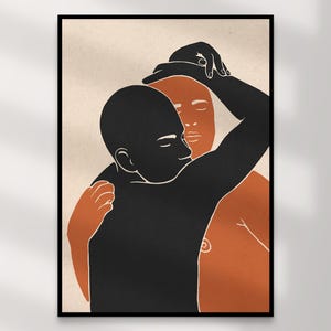Impression d'art couple gay | Art mural queer en téléchargement numérique – Cillian orange noir beige, décoration d'intérieur LGBTQ+, illustration intime, cadeau d'impression