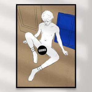 Impressão de arte masculina gay | Download digital de arte de parede queer – Finn Blue White Bege, decoração LGBTQ+ para casa, ilustração íntima, presente para impressão