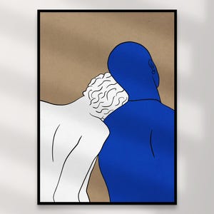 Impression d'art couple gay | Art mural queer en téléchargement numérique – Papier blanc bleu Vincent, décoration d'intérieur LGBTQ+, illustration intime, cadeau imprimable