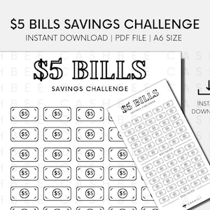 PRINTABLE 5 Dollar Bills Savings Challenge | A6 Size | Instant Download PDF File