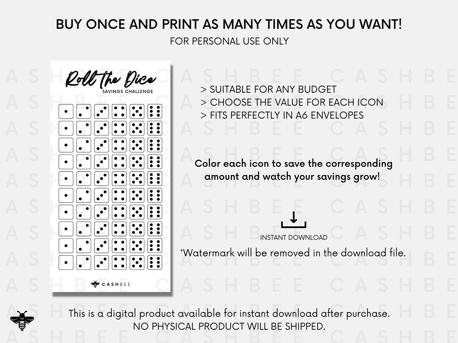 PRINTABLE Roll the Dice Savings Challenge A6 Size Instant Download PDF ...