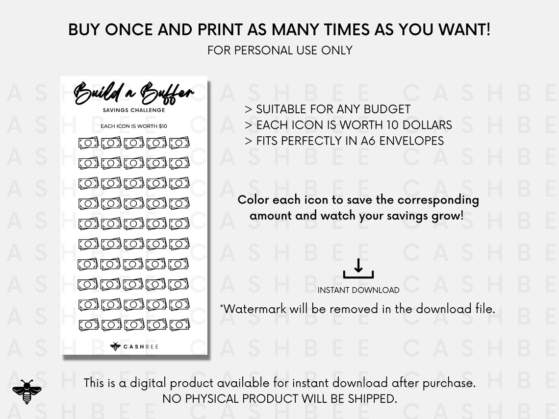 PRINTABLE Build A Buffer Savings Challenge | A6 Size | Instant Download ...