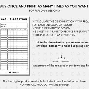 PRINTABLE Cash Allocation Sheets | A6 Size | Instant Download PDF File ...