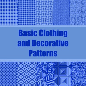 Op de afbeelding: Een verzameling blauwe en witte geometrische patronen, waaronder ruitjes, ruitjes en andere repeterende ontwerpen. De tekst "Basic Clothing and Decorative Patterns" wordt weergegeven in blauwe letters.
