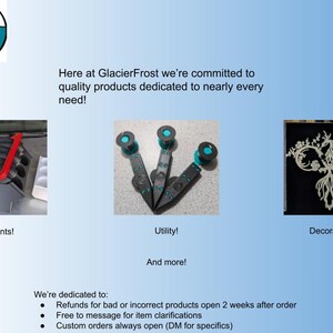 May include: Three different product categories are shown: Events, Utility, and Decorations. The Events category shows a black and red multi-sectioned object. The Utility category shows three black and teal utility tools. The Decorations category shows a white decorative design on a black background.