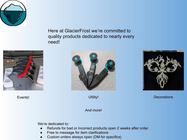 May include: Three different product categories are shown: Events, Utility, and Decorations. The Events category shows a black and red multi-sectioned object. The Utility category shows three black and teal utility tools. The Decorations category shows a white decorative design on a black background.